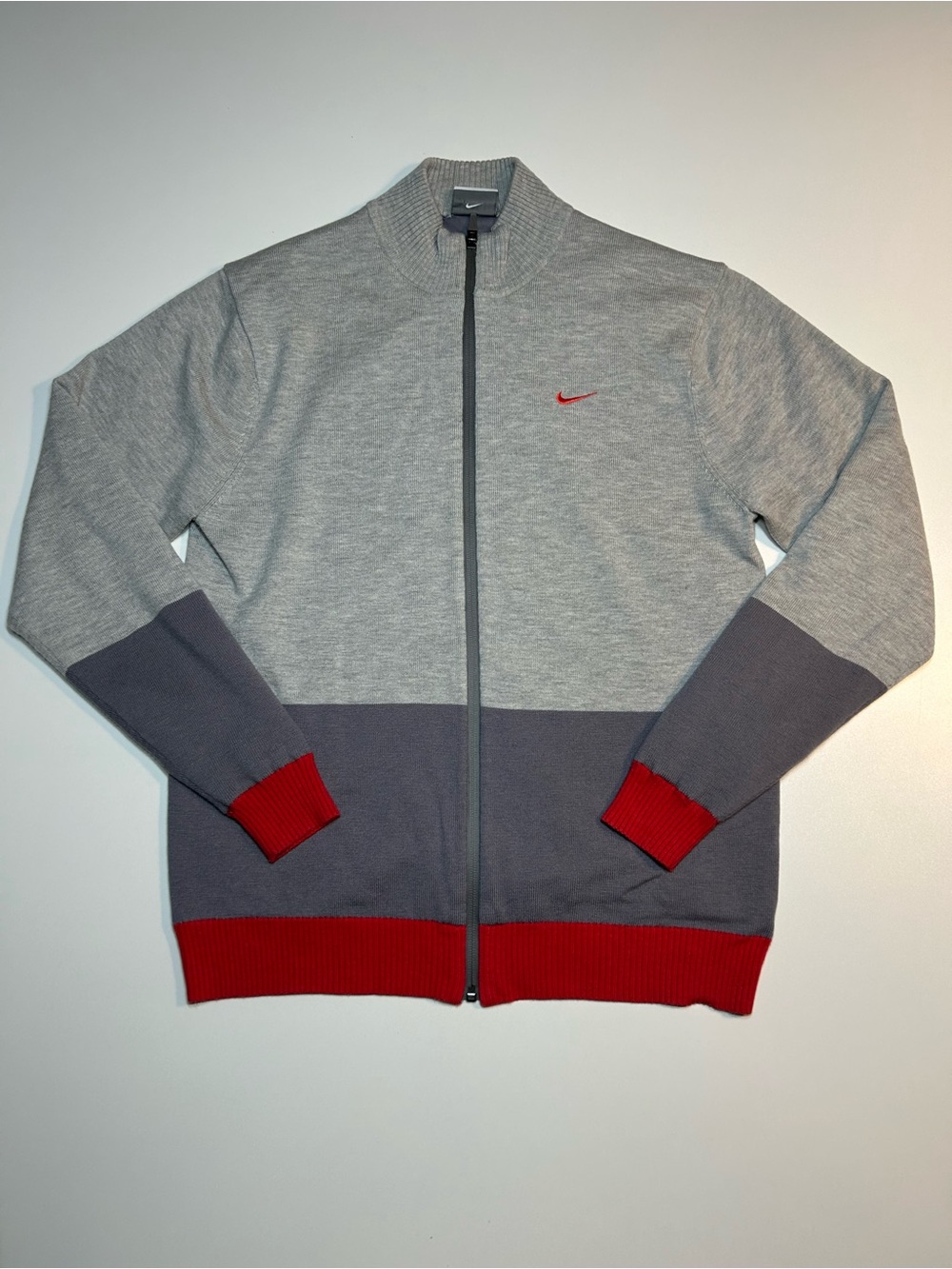 Nike Golf Tour Performance Full Zip Knit Sweater Jacket Grey Red
